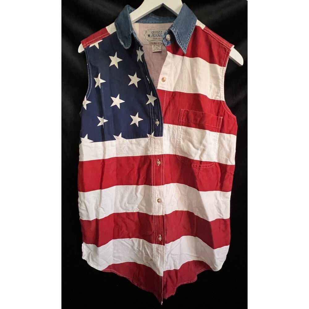 Vintage Quizz Again Jeans Co Sleeveless Red White Blue Patriotic Flag USA Medium